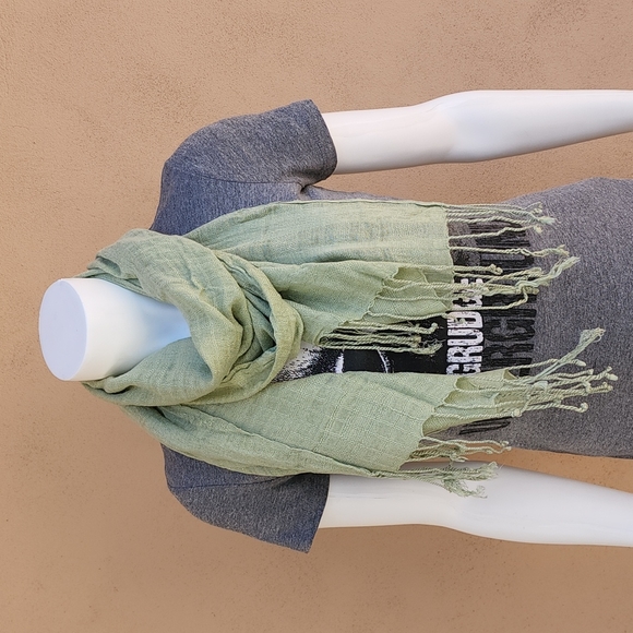 None Accessories - Rectangular Long Pistachio Fringed Scarf Wrap Hijab from Egypt Boho